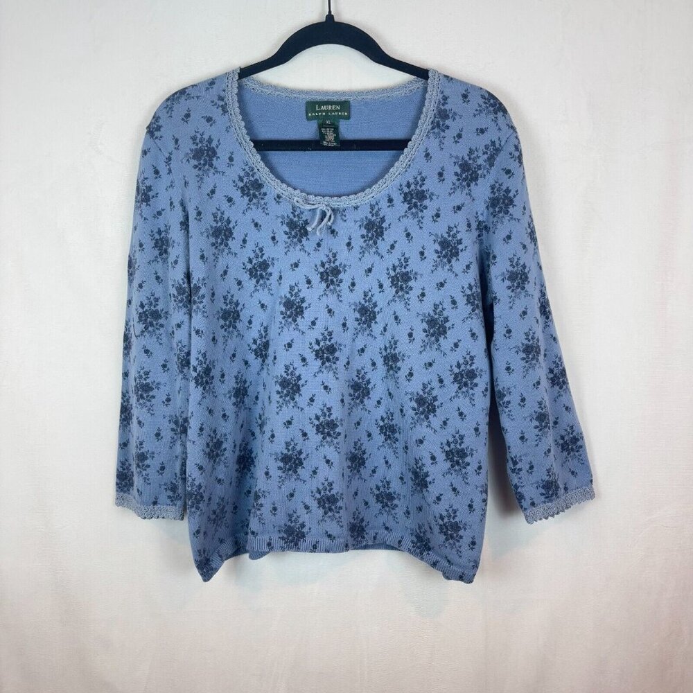 Lauren Ralph Lauren Women's Blue Cotton Floral Heavyweight Blouse Size XL Casual